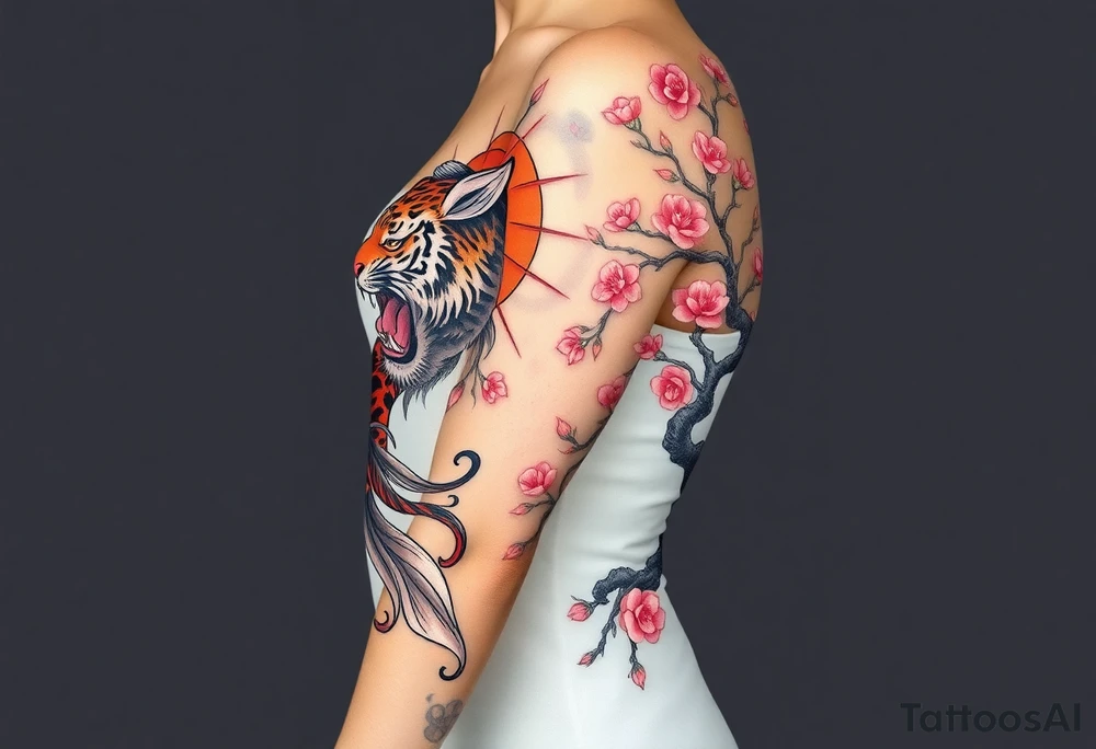 Beautiful full sleeve with a koi fish, tiger, sun, and cherry blossom tree tattoo idea