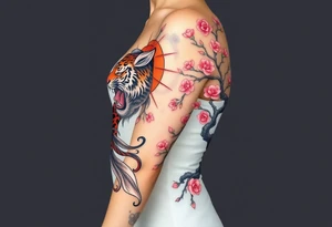 Beautiful full sleeve with a koi fish, tiger, sun, and cherry blossom tree tattoo idea