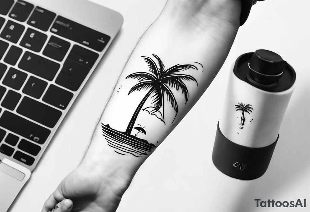 travel tattoo with mantra happiness on ankle elongated with the image of a sea selfie and palm trees tattoo idea
