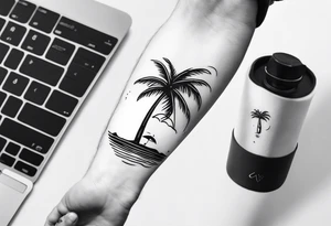 travel tattoo with mantra happiness on ankle elongated with the image of a sea ​​selfie and palm trees tattoo idea