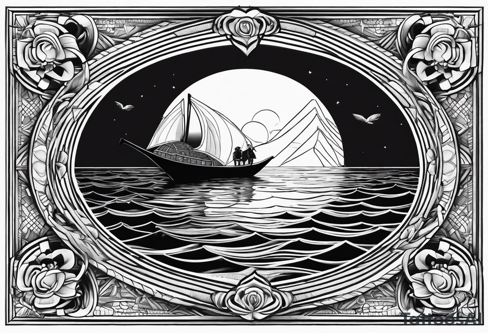 Oval frame inside thai long tail boat water under swiming turtle tattoo idea