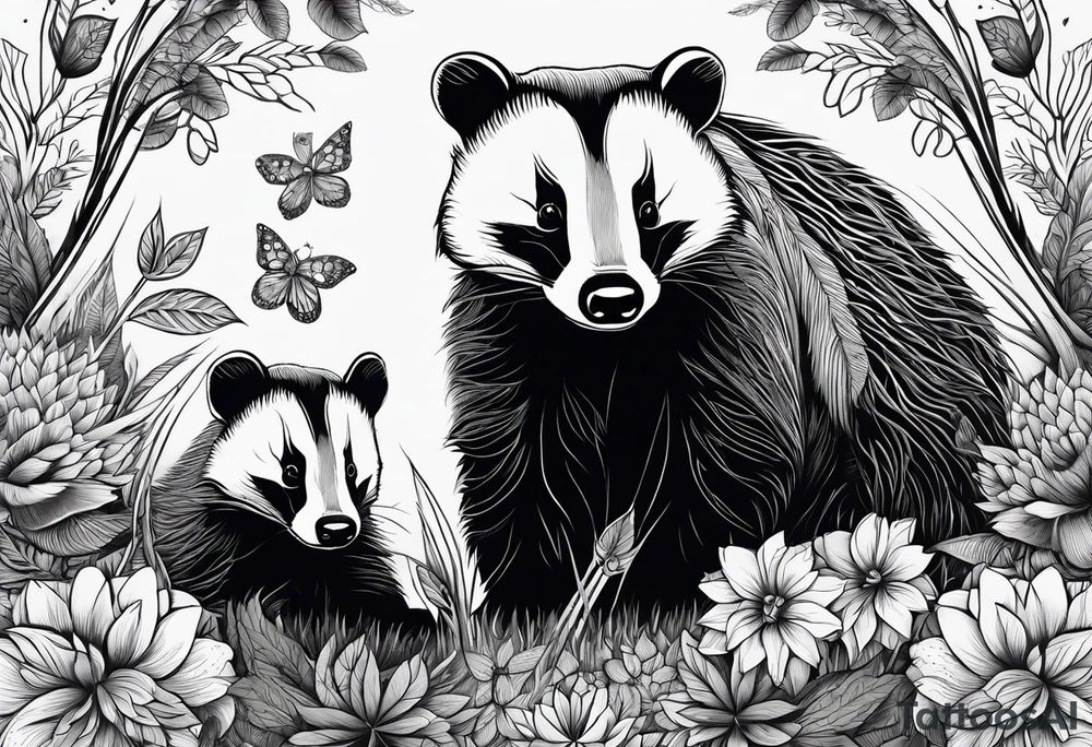 A badger with a cub in a field of flowers, including a cannabis leaf realistic in center and getting more trippy and black towards the edges Fractal patterns included tattoo idea