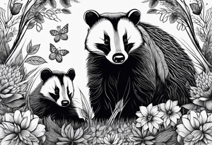 A badger with a cub in a field of flowers, including a cannabis leaf realistic in center and getting more trippy and black towards the edges Fractal patterns included tattoo idea