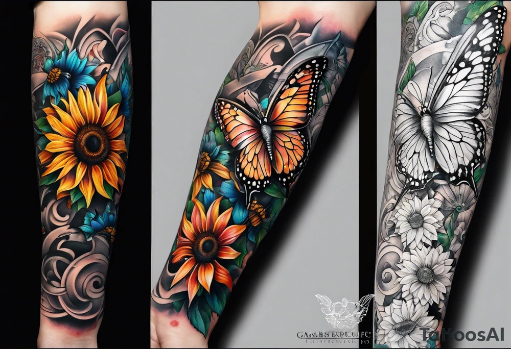 Arm sleeve with Winged cross with sunflower and butterflies tattoo idea