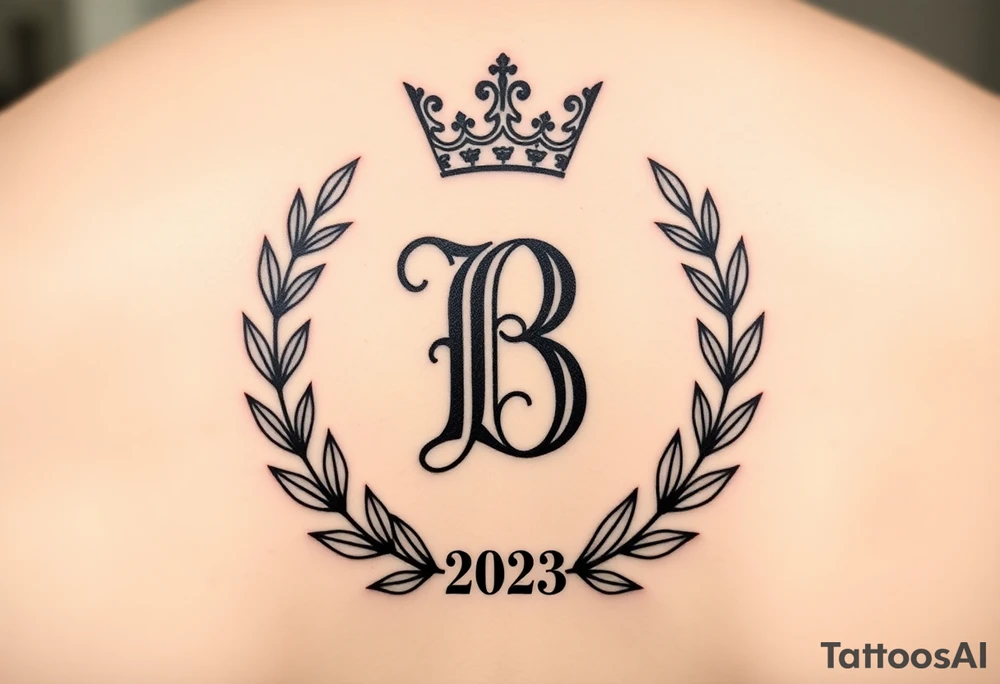 I would like to have an example for a tattoo. In which the initial B is central with a laurel wreath from bottom to top and a crown on top. Furthermore, please include a birth year 2023 or his birth date in Roman. tattoo idea