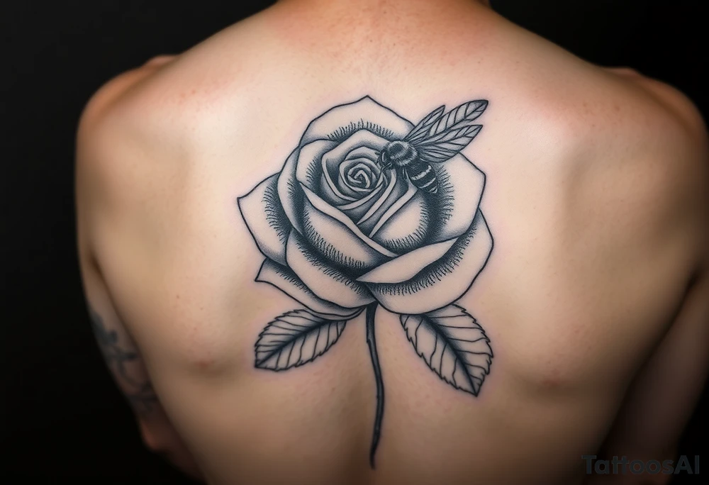Make a color tattoo with a closed rose and a bee on it. Add a feather falling from it and put Consuelo LOPEZ as the stem. Close the rose & make it in color tattoo idea