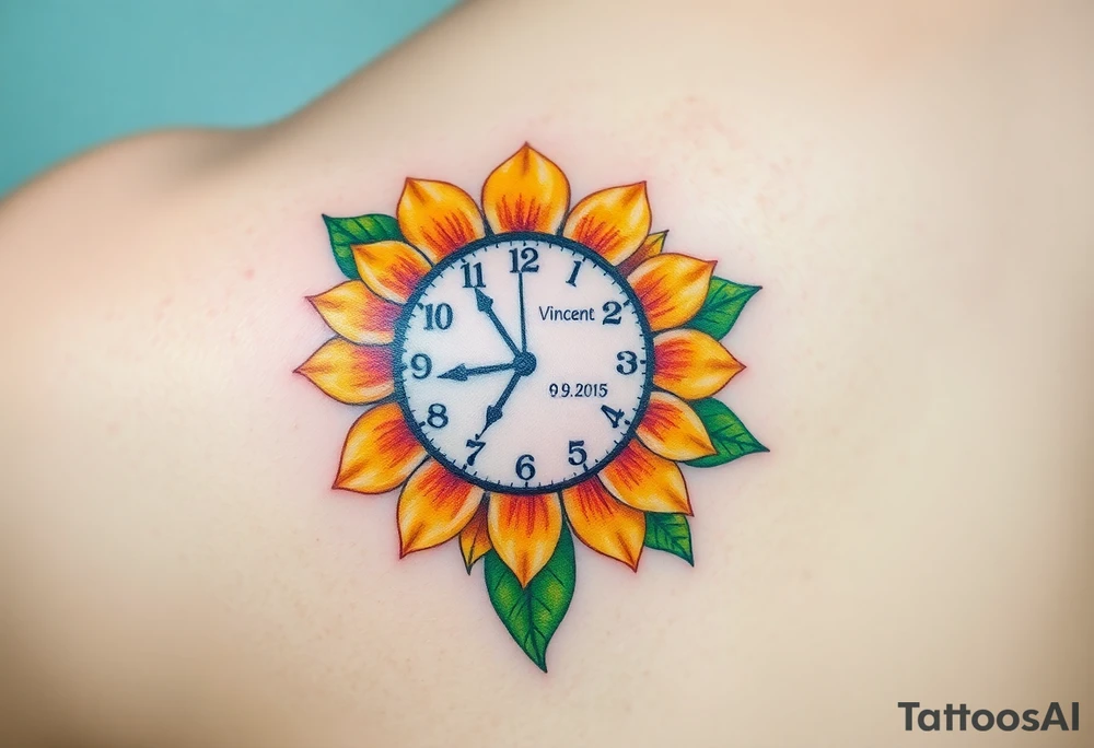 A soft watercolor sunflower wrapped around a clock with name "Vincent" and date "14. 09. 2015", symbolizing warmth and growth, in golden yellows, soft oranges, and green tattoo idea