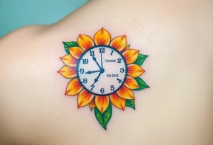 A soft watercolor sunflower wrapped around a clock with name "Vincent" and date "14. 09. 2015", symbolizing warmth and growth, in golden yellows, soft oranges, and green tattoo idea