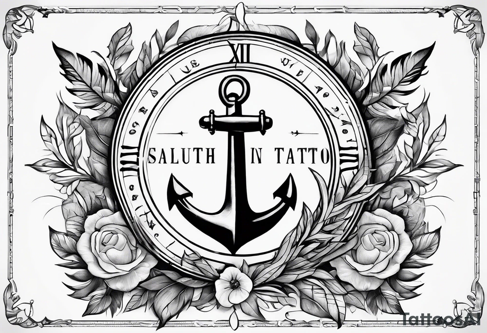 A selucid style anchor in front of a compass and a narrow laurel wreathe wrapped around the compass tattoo idea