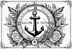 A selucid style anchor in front of a compass and a narrow laurel wreathe wrapped around the compass tattoo idea