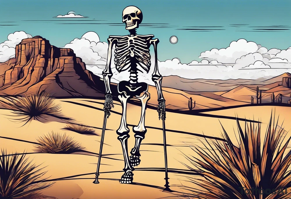 skeleton walking towards a cross in a desert tattoo idea