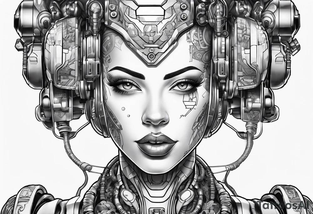 cyborg full bopdy female pinup retro futurism, robot with human parts tattoo idea