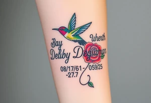 Bold curly Cursive name Debby Deguzman surrounded by a hummingbird a rose and these dates 08/17/61 - 05/29/25 tattoo idea