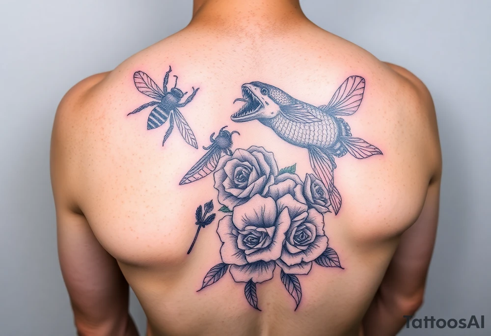 Colorful sea creatures with honey comb, bees, and roses tattoo idea