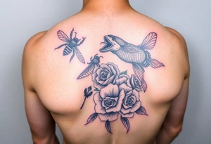 Colorful sea creatures with honey comb, bees, and roses tattoo idea