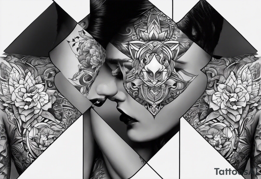 Men's chest tatto with two female psychedelic entities facing each other, meaning that only  their sides are visible. They are holding something which is positioned in the middle of the chest tattoo idea