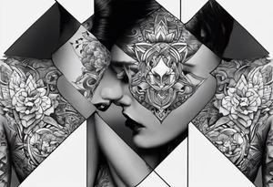 Men's chest tatto with two female psychedelic entities facing each other, meaning that only  their sides are visible. They are holding something which is positioned in the middle of the chest tattoo idea
