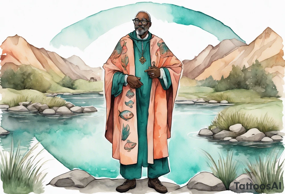 a 50-year-old medieval black man wearing salmon and teal cloak and round glasses standing by a pond with a salmon in it tattoo idea