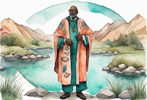 a 50-year-old medieval black man wearing salmon and teal cloak and round glasses standing by a pond with a salmon in it tattoo idea