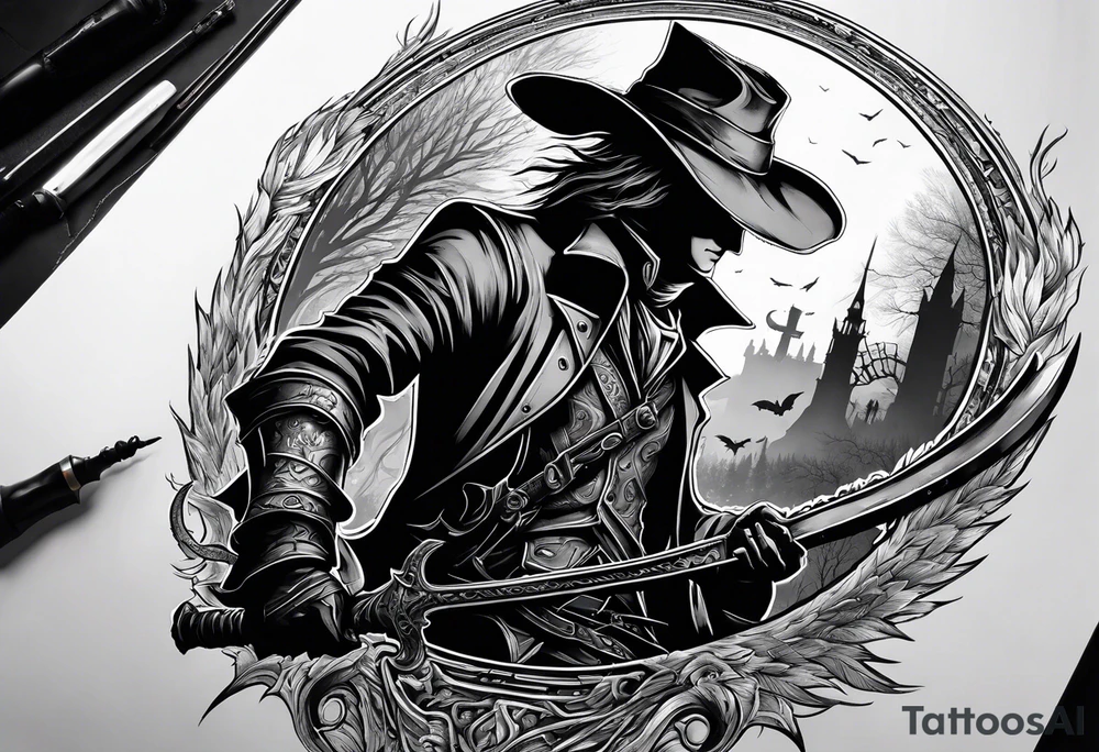 Bloodborne hunter, holding  scythe, howling, Dual wielding tattoo idea