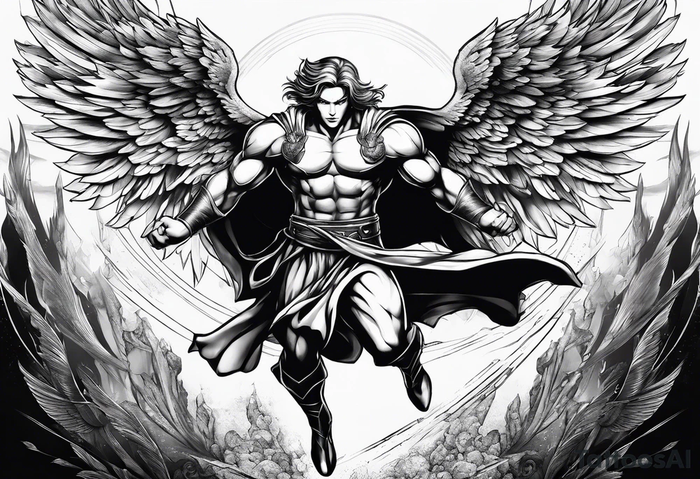 Angel in the pose of a superhero landing tattoo idea