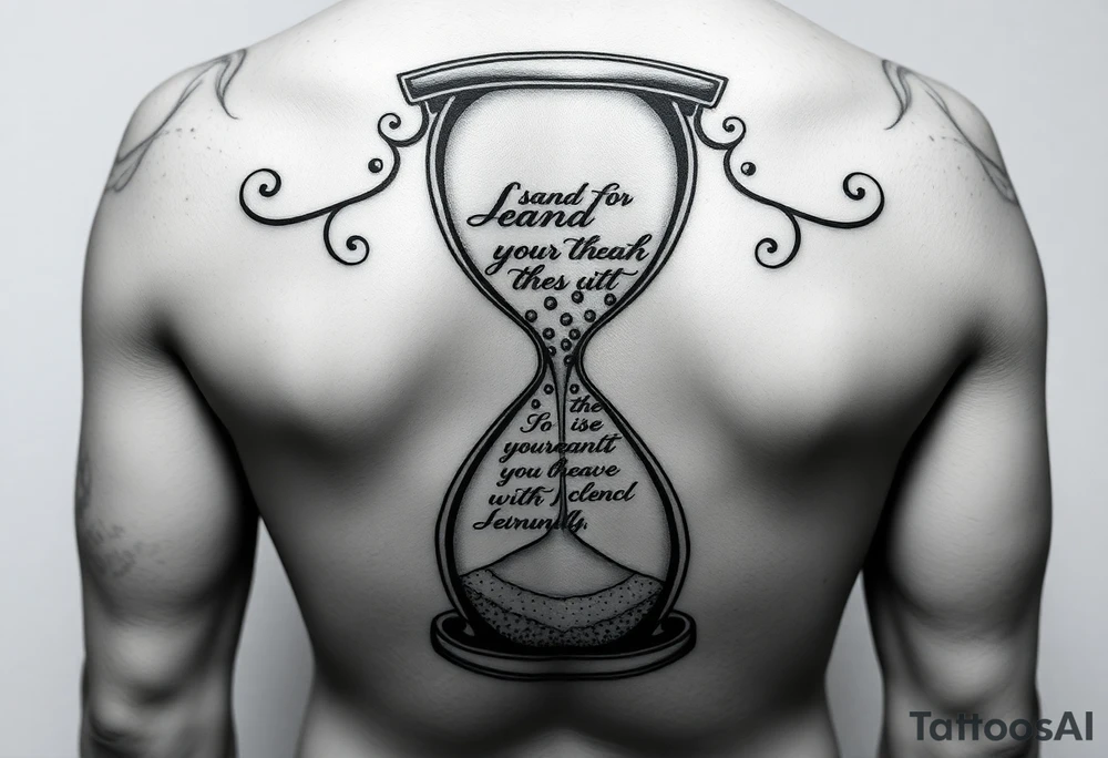 "Create a highly detailed, artistic black-and-gray tattoo design of an hourglass. Inside the hourglass, instead of sand, use a flowing handwritten text to represent the sand falling from the upper chamber to the lower one. The text should look like it is pouring down naturally, almost dissolving into grains as it falls. The hourglass should have an elegant, slightly worn look — symbolizing the passage of time — with some ornamental flourishes around it (optional). The text should be legible but integrated into the design, giving the impression that words are literally turning into sand as time passes." tattoo idea