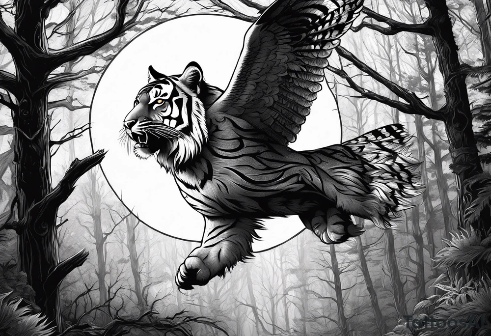Tiger hunting a flying owl underneath a full moon in a forest tattoo idea