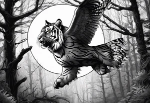 Tiger hunting a flying owl underneath a full moon in a forest tattoo idea