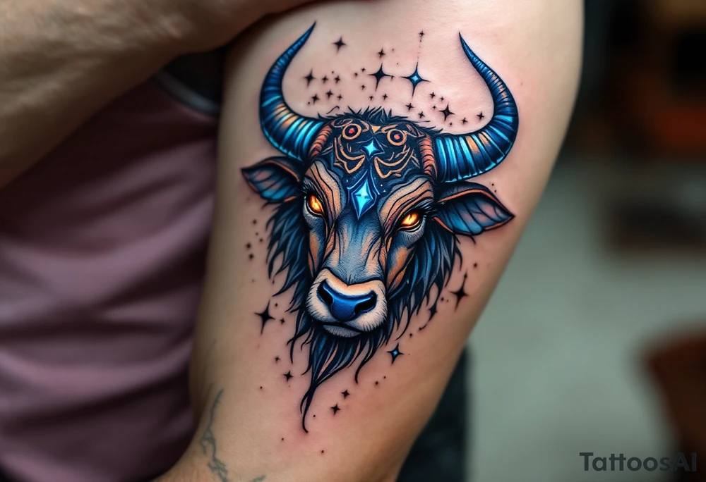 Like a cosmic guardian, Taurus watches with ochre eyes and glowing indigo horns and taurus star constellation anchors the spring sky. tattoo idea