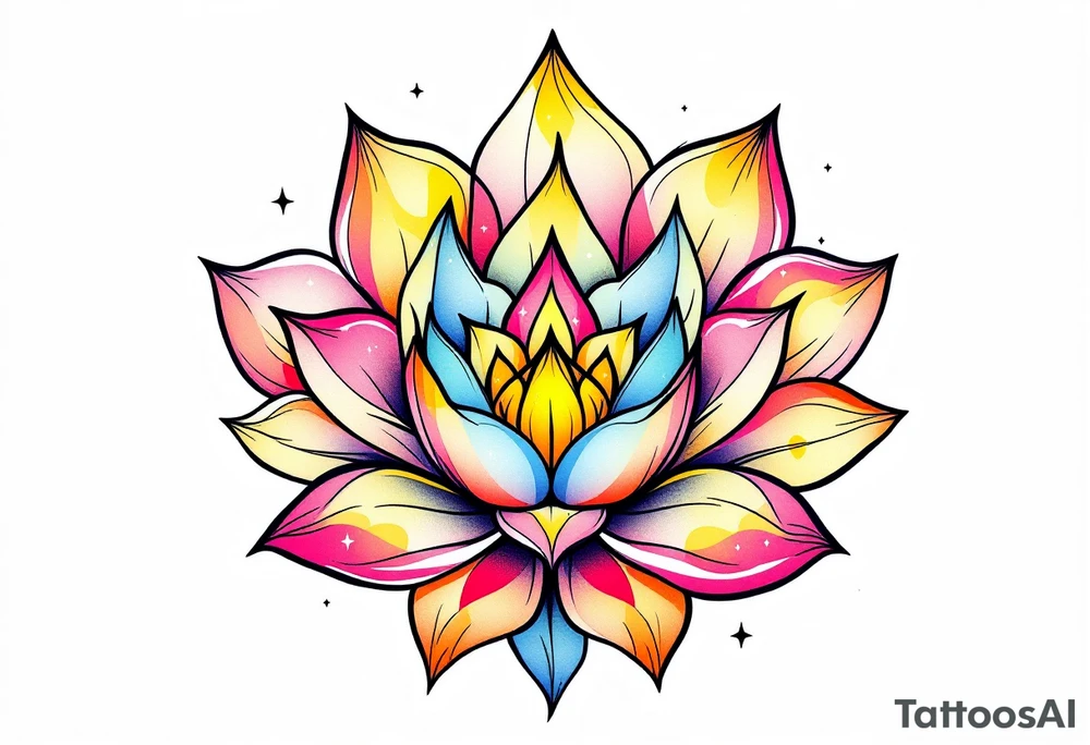 small colorful celestial with lotus flower tattoo idea