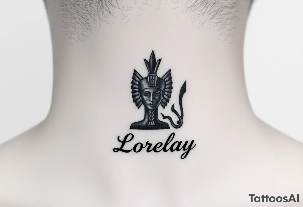 Crea un diseño significativo sobre la cultura egipcia y que tenga el nombre escrito por de bajo del diseño el nombre de mi hermana Lorelay para la parte baja del bíceps tattoo idea