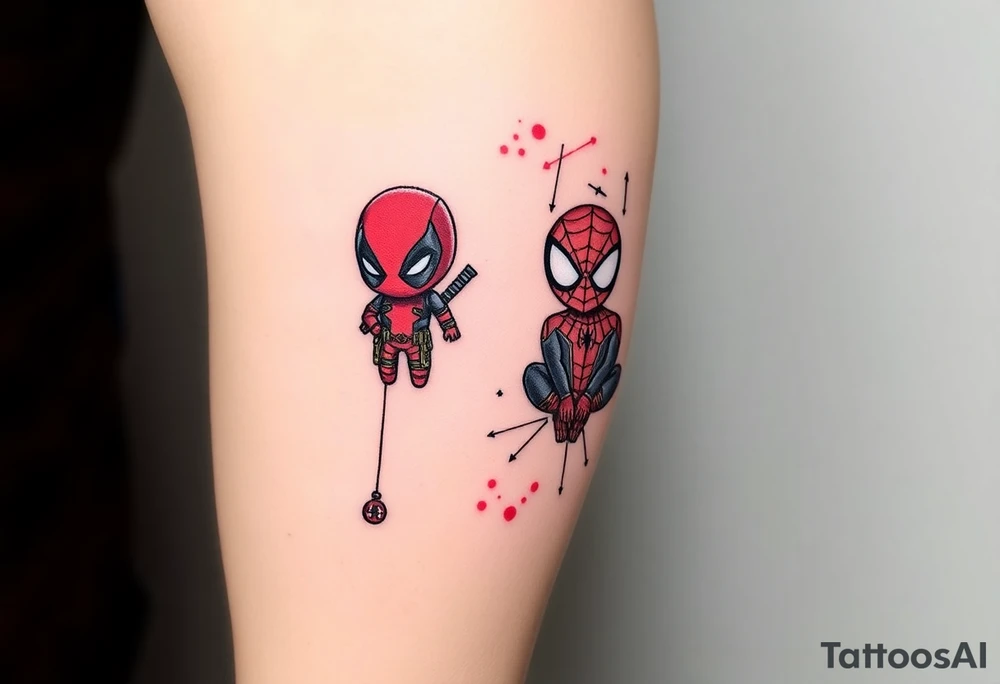 Project: Upper Arm Half-Sleeve Tattoo (Chibi Marvel Duo)
Placement: Upper Arm (Shoulder cap down to just above the elbow)
Reference Images: Chibi Deadpool (Image 1) and Chibi Spider-Man (Image 2)
Design Request & Layout:
* Please stack the characters dynamically to fit my upper arm. I'd like Deadpool positioned near the top/shoulder cap, and Spider-Man sitting near the bottom/above the elbow.
* Use the dangling spider and its web thread, along with loose, energetic construction lines, to transition between the two characters and wrap the design around the arm.
Art & Color Style:
* Linework: Please harmonize both characters into a singular, unified style—blending Deadpool's clean comic ink lines with Spider-Man's raw, cross-hatched sketchbook aesthetic.
* Color: The base of the tattoo should be gritty black-and-grey sketch shading. However, I want vibrant pops of red on their suits.
* The Splatter Effect: Instead of keeping the red cleanly inside the lines, please style the red color as a loose, dynamic watercolor/ink splatter effect that bursts out past their outlines and fades into the negative skin space. tattoo idea