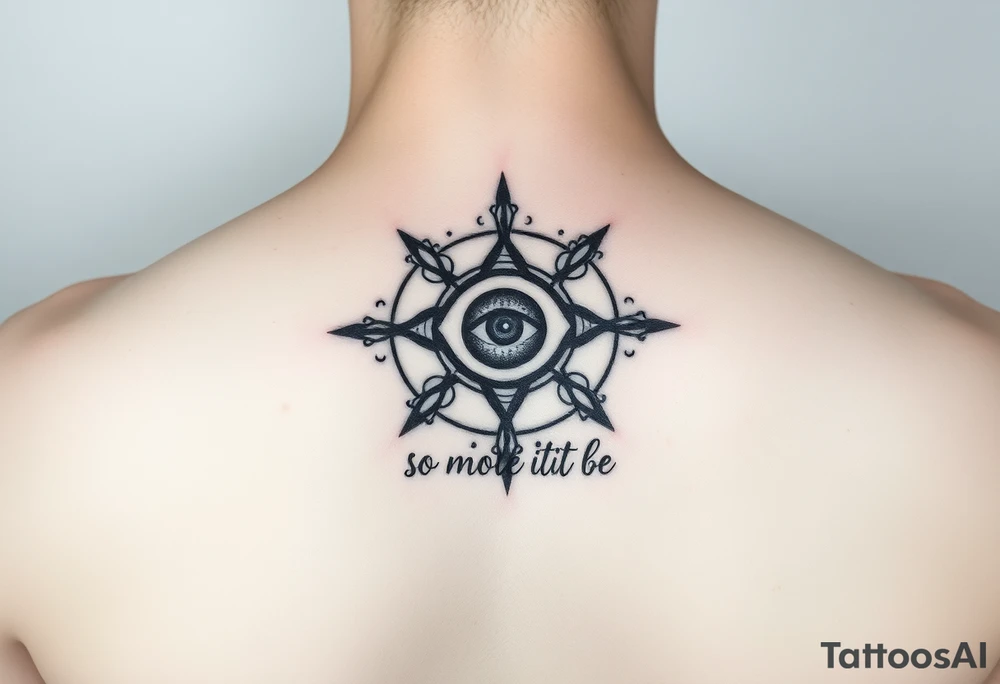 A abundance and protection symbol with an evil eye protection symbol (not an eye) in full color in the center of it.  I’d like it windy very small “so mote it be” with a magic wand tattoo idea