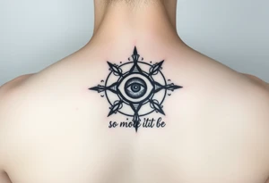 A abundance and protection symbol with an evil eye protection symbol (not an eye) in full color in the center of it.  I’d like it windy very small “so mote it be” with a magic wand tattoo idea