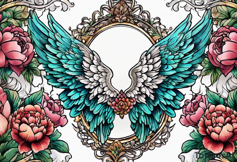 beautiful angel wings with colorful, peonies. beautiful flilligree in the background , full color, traditional old school , white background tattoo idea