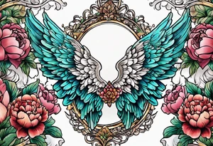 beautiful angel wings with colorful, peonies. beautiful flilligree in the background , full color, traditional old school , white background tattoo idea