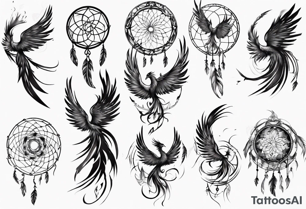 Vertical screaming Phoenix with abstract dream catcher tail tattoo idea