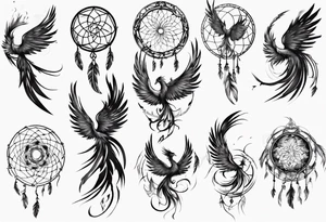 Vertical screaming Phoenix with abstract dream catcher tail tattoo idea