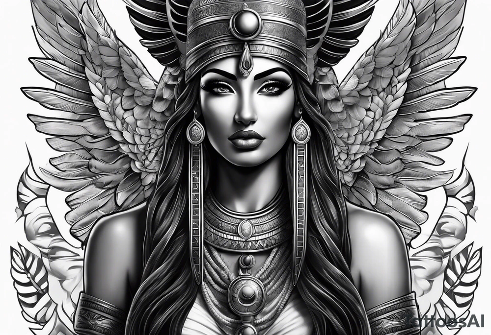 black and gray photo realistic goddess isis with minimal detail tattoo idea