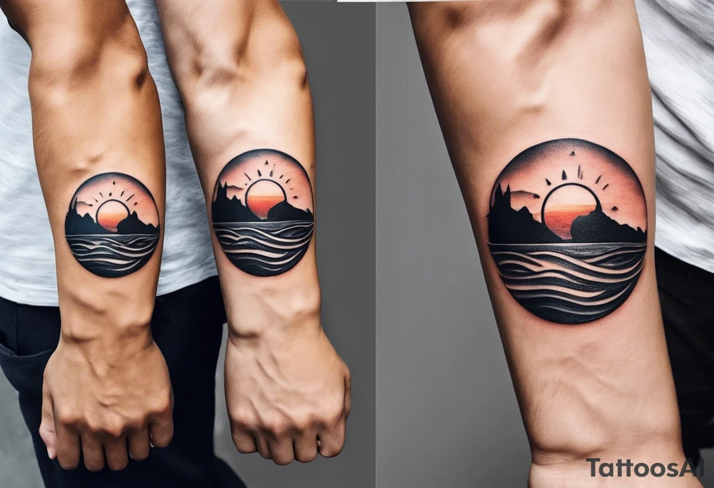 This is an extremely simple and minimalistic tattoo on male forearm. It has no color. The tattoo is flipped 180 degrees and covers the forearm lengthwise and is not tall and not round. From the perspective of being on the ocean, Water is calm, with no waves in sight, the sun is setting behind the ocean, reflecting light onto the ocean. tattoo idea