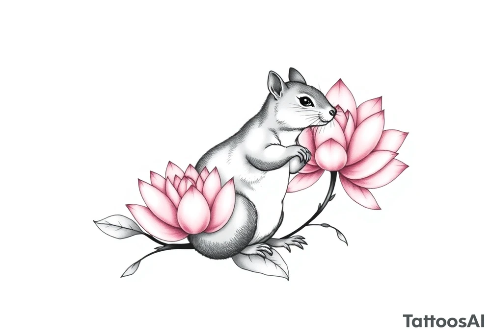 Fierce rabbid squirrel blooming lotus flowers tattoo idea