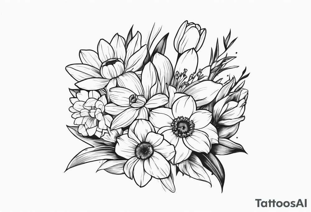 Small Bouquet of daffodils gerberas and tulips tattoo idea