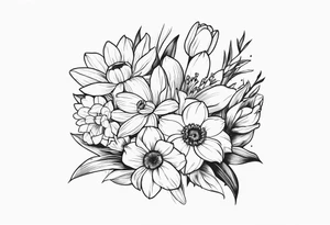Small Bouquet of daffodils gerberas and tulips tattoo idea