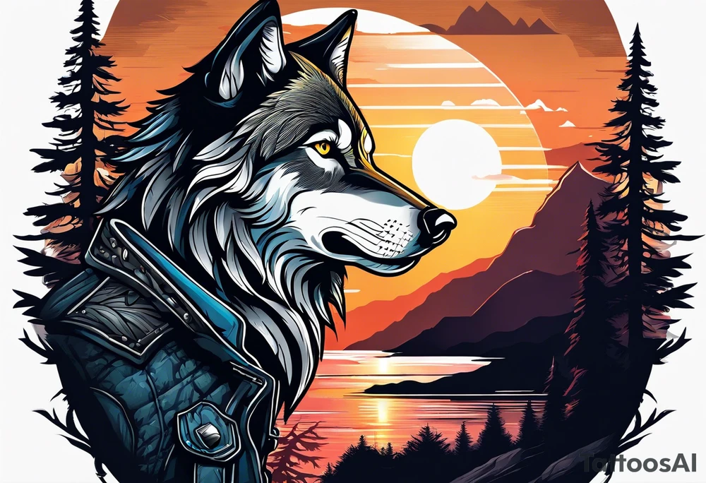 Badass wolf wearing sunglasses
Dark woods
Mountains
Sunset tattoo idea