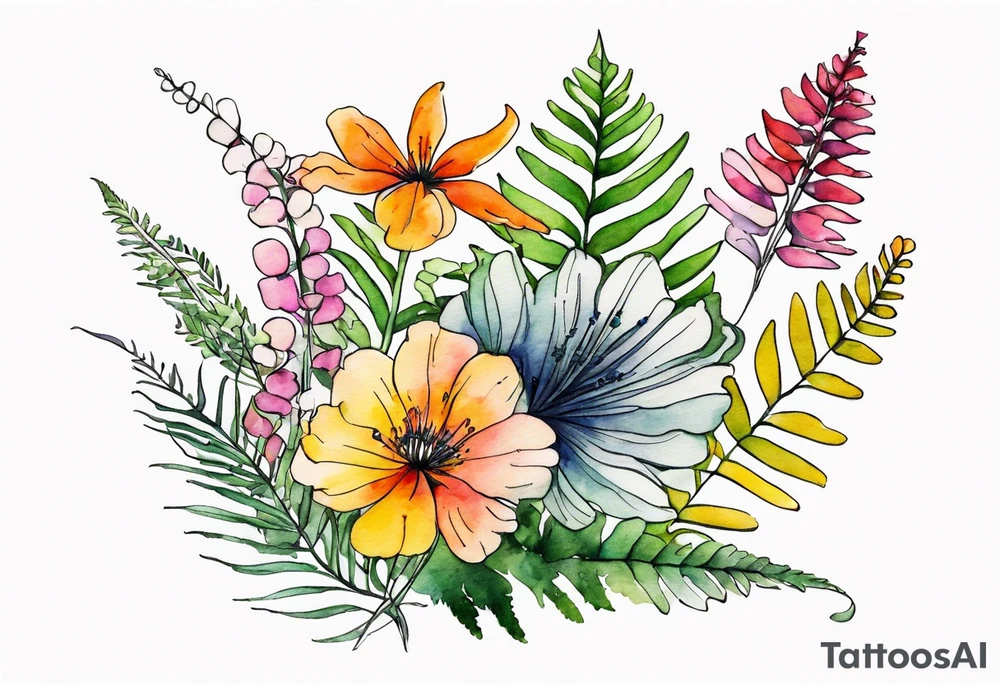 Multi colored wild flowers long stems bouquet with ferns all watercolor tattoo idea