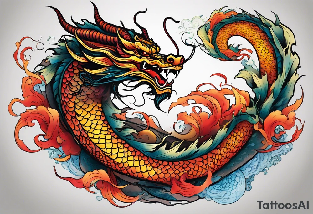 An epic floating asian dragon. Its long body coiling dynamically, with scales and horns detailed to create a sense of movement and strength. The dragon's color is giving a vibrant depth and a mystical aura. This tattoo highlights the dragon’s fierce expression and sharp claws. tattoo idea