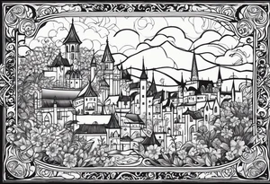 medieval tribal city 
floral  land sky vignette tattoo idea