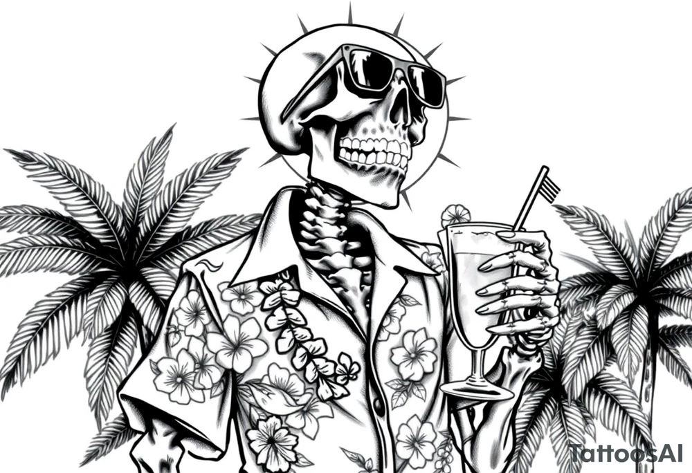 a skeleton in hawaiian shirt, palms, a cocktail,sun,sun-glasses,"Take it easy and relax"! tattoo idea