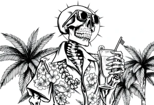 a skeleton in hawaiian shirt, palms, a cocktail,sun,sun-glasses,"Take it easy and relax"! tattoo idea