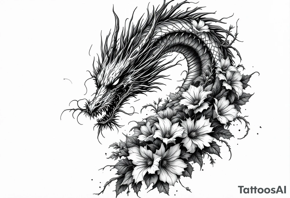 scary long dragon with dead flowers tattoo idea